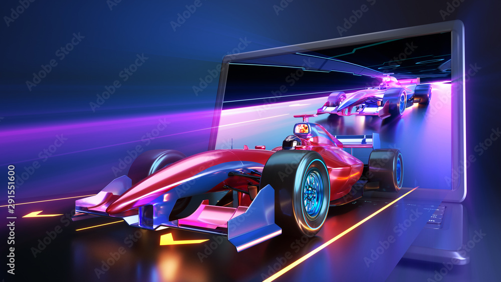 Racing car flying out of laptop screen