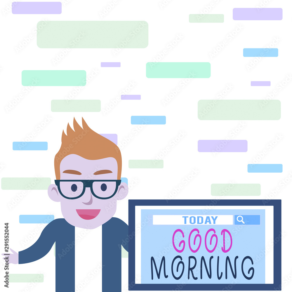 Writing note showing Good Morning. Business concept for A conventional expression at meeting or parting in the morning Male Speaker Monitor with Search Tool on Screen Presentation or Report Writing note showing Good Morning. Business concept for A conventional expression at meeting or parting in the morning Male Speaker Monitor with Search Tool on Screen Presentation or Report