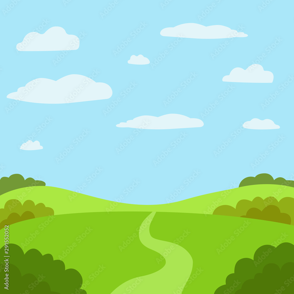 Summer nature, landscape. Field, green hills, blue sky with clouds, meadow. Vector illustration