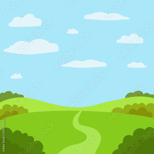 Summer nature, landscape. Field, green hills, blue sky with clouds, meadow. Vector illustration