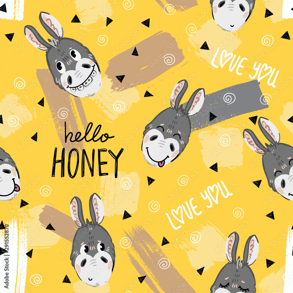 Seamless childish pattern with cute donkey and hearts. Hello honey  lettering. Creative style kids texture for fabric, wrapping, textile,  wallpaper, apparel. Vector illustration Stock Vector | Adobe Stock