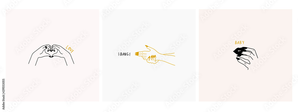 Three female logos or icons. Stylish graceful fashion illustrations. Hand drawn vector trendy set. Elegant minimalistic art. Hands in different poses. Love, band, baby.