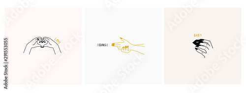 Three female logos or icons. Stylish graceful fashion illustrations. Hand drawn vector trendy set. Elegant minimalistic art. Hands in different poses. Love  band  baby.