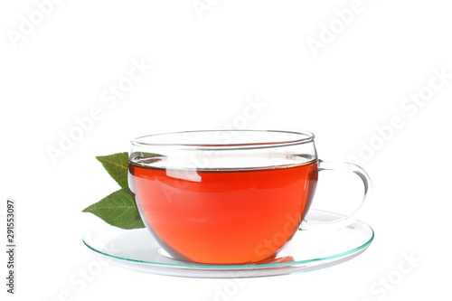 Cup of tea and leaves isolated on white background