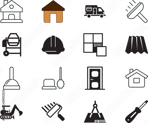 home vector icon set such as: bulldozer, load, putty, manufacturing, tiles, cement-mixer, measure, motorhome, ribbed, unclog, small, caravan, power, contractor, recreation, support, pipe, vacation