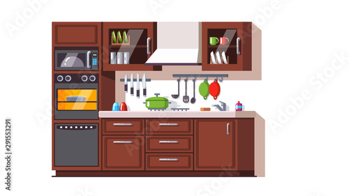 Home kitchen interior and furniture with utensils