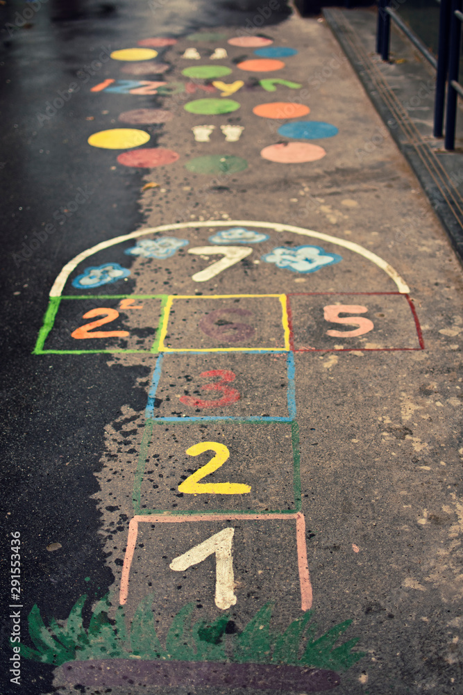 Colorful hopscotch game on the street