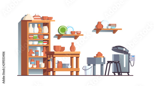 Modern pottery workshop with ceramic pots, bowls