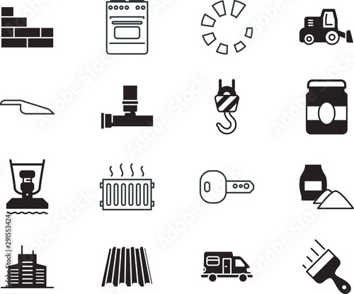 home vector icon set such as: putty, valve, broom, vacation, worker, cleaner, neat, kitchen, loading, hob, bar, eat, heater, shovel, tractor, cover, journey, powder, earth, download, ribbed, abstract