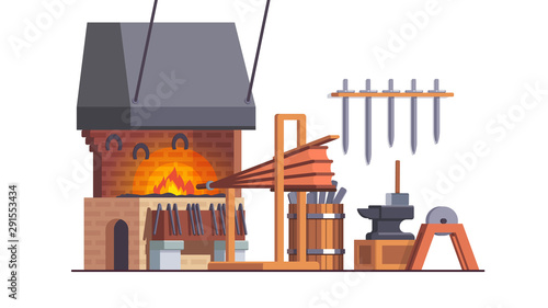 Smithy workshop interior with anvil, fire bellows