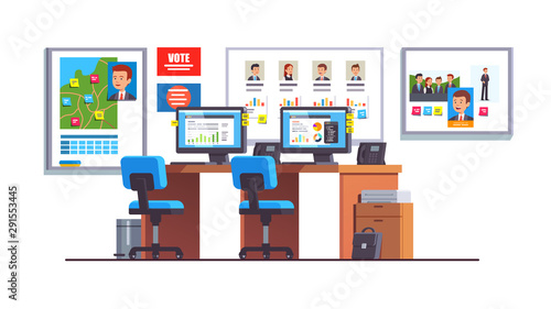 Election race campaign headquarters with map, desk