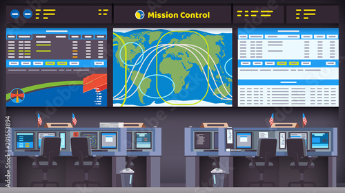 Orbital space flight mission control center room