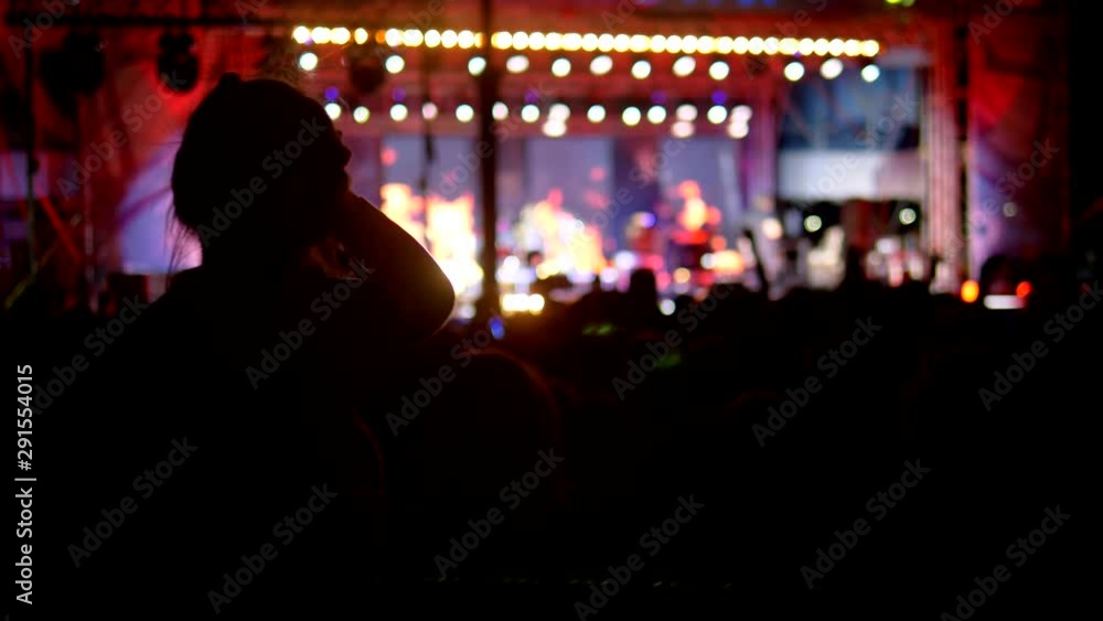 blurred background, silhouettes of fans. rock concert in the evening. people in the crowd raise their hands and applaud. blurred background, silhouettes of fans. rock concert in the evening. people in the crowd raise their hands and applaud.