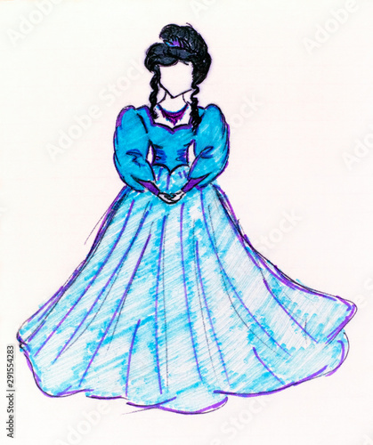 Girl in blue long old fashioned dress. Hand drawing.