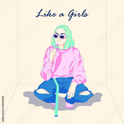 girl in pink jacket illustration squat down with sunglasses