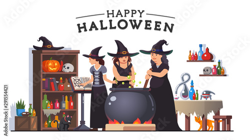 Witches stirring poison brew potion in cauldron