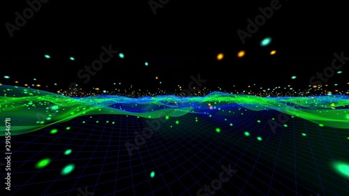 3D rendered Animation of particle physics, dancing particles and wave form vibrations symbolising the dualism of both concepts in quantum physics. photo