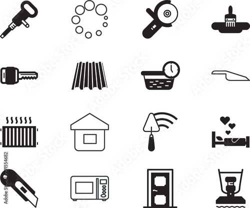 home vector icon set such as: dust, pillow, blade, hammer, wedding, paint, relax, spoon, creative, tech, plate, safety, loader, secret, couple, tidy, worker, horizontal, office, fabrication, married