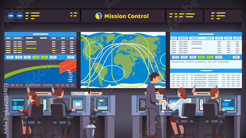 Orbital space flight mission control center room