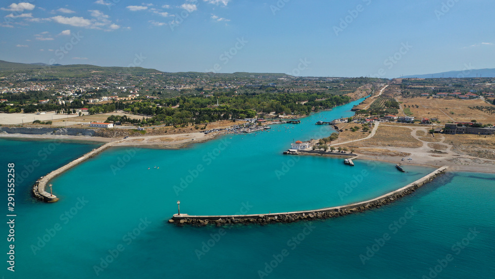 Fototapeta premium Aerial photo taken by drone of Corinth Canal of Isthmos or Isthmus connecting mainland with Peloponnese, Greece