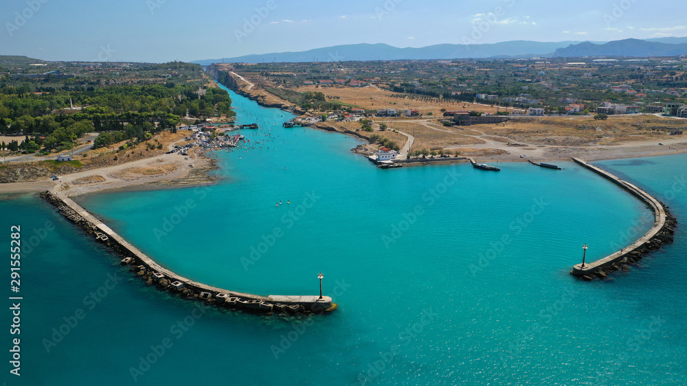 Aerial photo taken by drone of Corinth Canal of Isthmos or Isthmus connecting mainland with Peloponnese, Greece