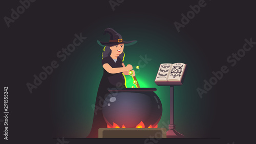 Witch stirring poison brew potion in cauldron
