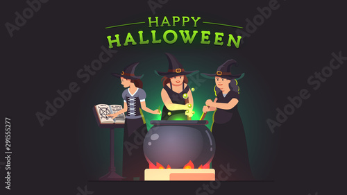 Three witches stirring poison brew potion on fire