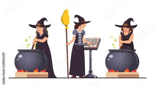 Three witches set. Stirring poison brew potion