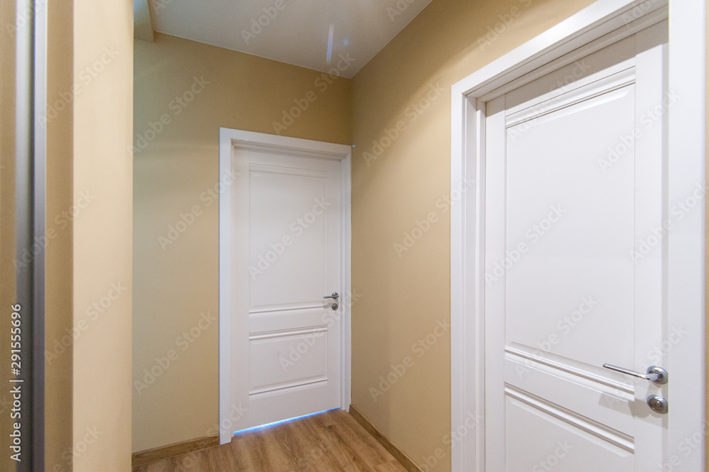 Russia, Moscow- June 23, 2018: interior room apartment. standard repair decoration in hostel. room doors, repair Russia, Moscow- June 23, 2018: interior room apartment. standard repair decoration in hostel. room doors, repair