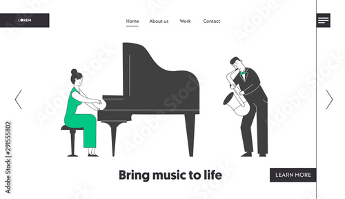 Pianist and Saxophone Concert Website Landing Page. Artists Playing Musical Composition on Grand Piano and Sax for Jazz Performance on Stage Web Page Banner. Cartoon Flat Vector Illustration, Line Art