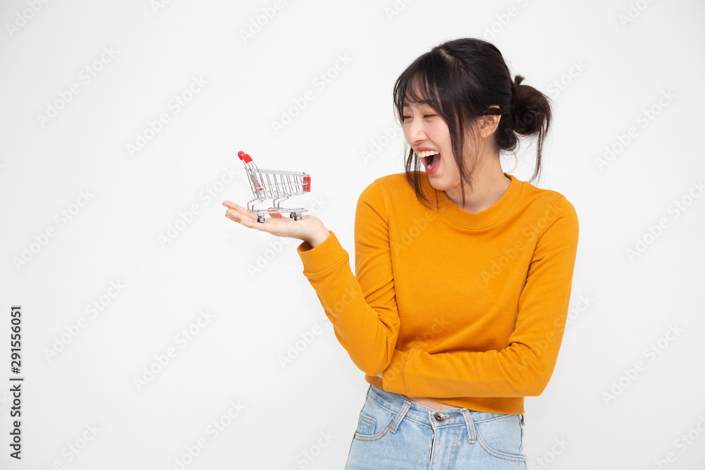 Chinese Asian woman looking surprised of shopping cart. Special offer sale and feeling wow concept Chinese Asian woman looking surprised of shopping cart. Special offer sale and feeling wow concept
