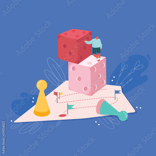 Businessman character playing Dice. Business Planning, Risk and Strategy Concept. People man playing Board game, Success, Competition and Leadership. Vector illustration