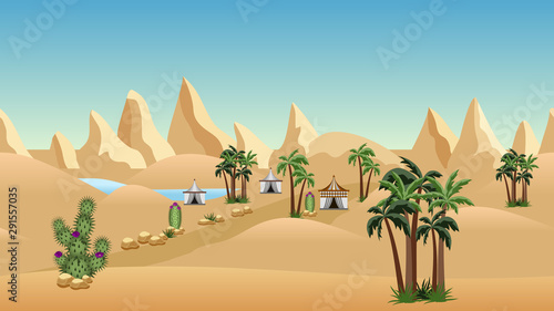 Oasis in desert with Bedouin camp. Landscape for cartoon or game background design.