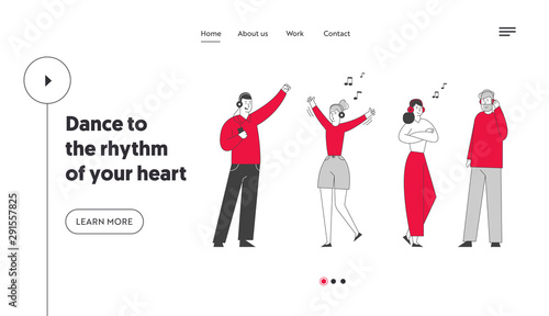 Happy People Clubbing and Dancing Disco at Night Club Party Website Landing Page. Characters in Headset Listen Music and Dance at Nightclub Web Page Banner. Cartoon Flat Vector Illustration, Line Art