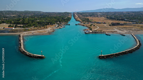 Fototapeta Naklejka Na Ścianę i Meble -  Aerial photo taken by drone of Corinth Canal of Isthmos or Isthmus connecting mainland with Peloponnese, Greece