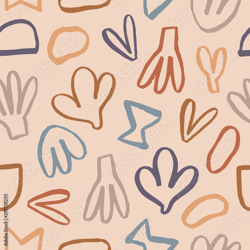 Super cute seamless texture with different shapes. Vector pattern in naive style with cute hand drawn elements. Colorful design .