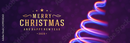 Christmas banner horizontal design template with xmas tree from glowing lights and typographic wish vector illustration