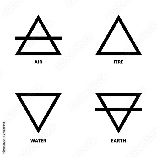 Symbols of the four elements of nature, icon set. Wind, fire, water, earth. Black triangular signs.