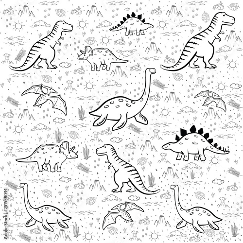 Seamless kids pattern with dinosaurs black and white. Vector illustration, design of wild animals, reptiles, for printing on fabric, clothing, packaging paper, bedding, printing, postcards.