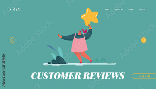 Landing Page, web design, banner with Woman leaving review. Customer experience and satisfaction, positive feedback, five star rating, product or service review and evaluation. Vector illustration