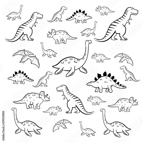 Seamless kids pattern with dinosaurs black and white. Vector illustration, design of wild animals, reptiles, for printing on fabric, clothing, packaging paper, bedding, printing, postcards.