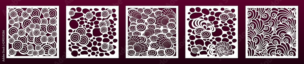 Laser cut pamels template, vector set. Abstract underwater design with seashells. Laser cut pamels template, vector set. Abstract underwater design with seashells.