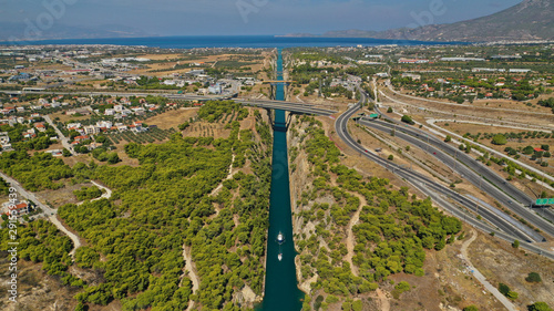 Aerial photo taken by drone of Corinth Canal of Isthmos or Isthmus connecting mainland with Peloponnese, Greece