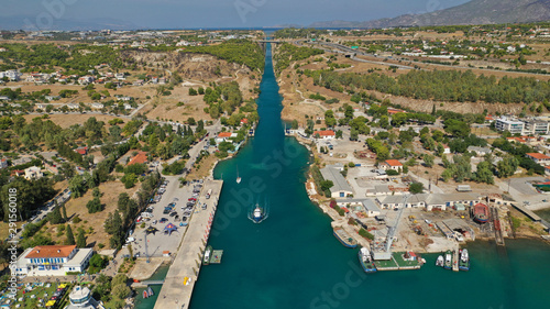 Aerial photo taken by drone of Corinth Canal of Isthmos or Isthmus connecting mainland with Peloponnese, Greece photo