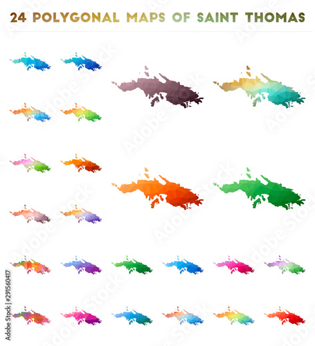 Set of vector polygonal maps of Saint Thomas. Bright gradient map of island in low poly style. Multicolored Saint Thomas map in geometric style for your infographics.