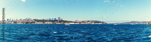 Fototapeta Naklejka Na Ścianę i Meble -  Istanbul sea panorama, business district and Ortakoy Mosque on the background