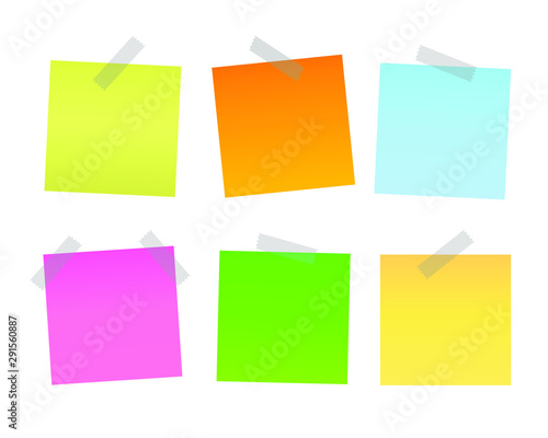 Collection of different colored sheets of note papers, ready for your message. Realistic vector illustration. Isolated on white background. Front view. Close up. Set