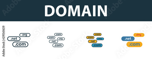 Domain icon set. Four simple symbols in diferent styles from web hosting icons collection. Creative domain icons filled, outline, colored and flat symbols
