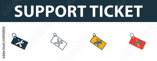 Support Ticket icon set. Four simple symbols in diferent styles from web hosting icons collection. Creative support ticket icons filled, outline, colored and flat symbols