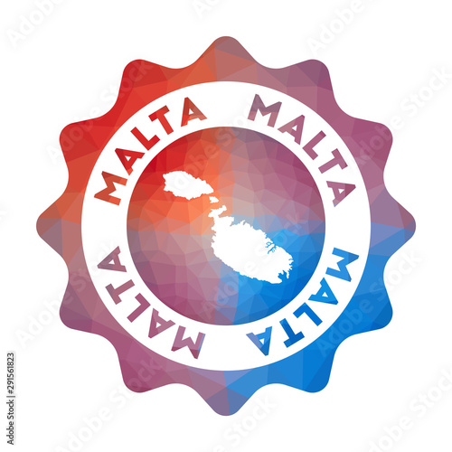 Malta low poly logo. Colorful gradient travel logo of the island in geometric style. Multicolored polygonal Malta rounded sign with map for your infographics.